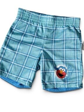 NWT Vintage Y2K Sears Sesame Street Elmo Patch Swim Trunks Plaid Blue Toddler 2T
